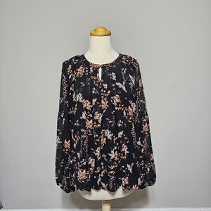 My Danielle Black Floral Peasant Blouse Long Sleeve